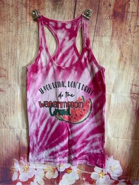 Pink Tie-Dye Racerback Tank Top with Watermelon Graphic